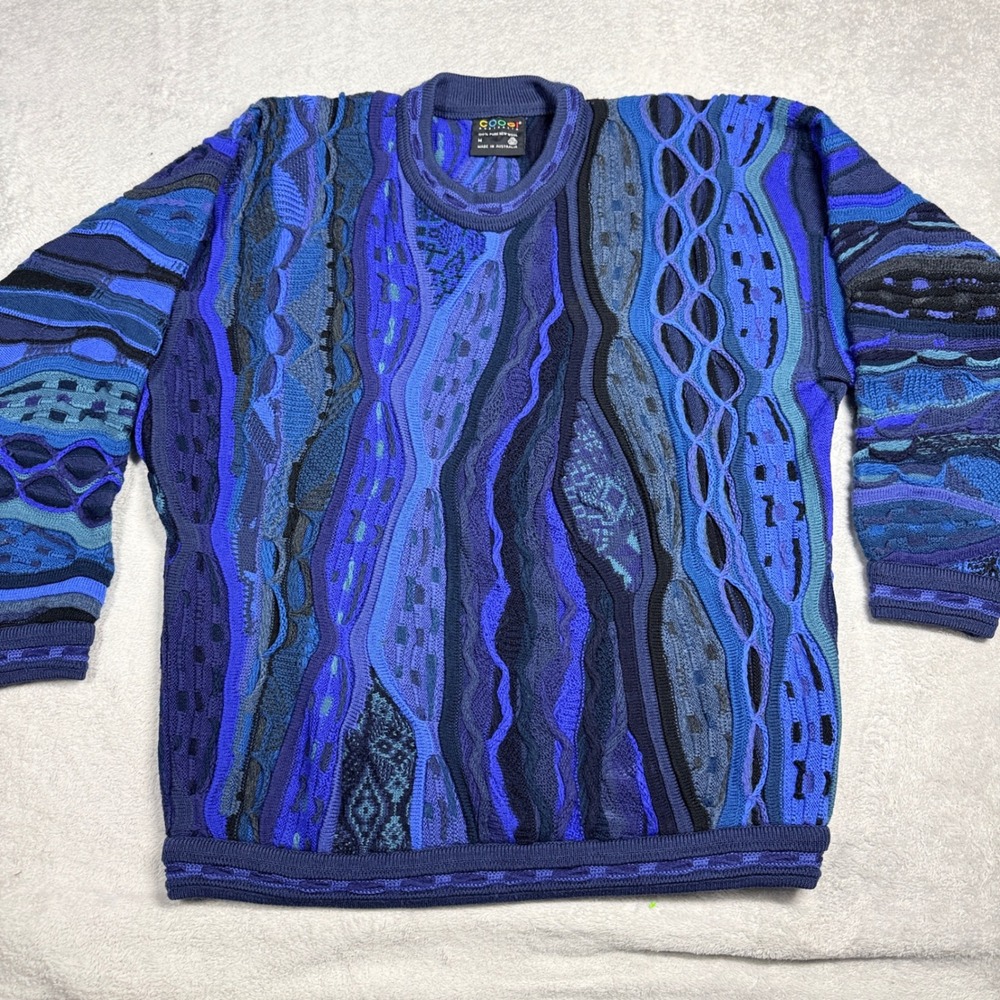 Coogi Sweater Mens Medium Blue 3D Knit Wool Crewneck Vintage Australia